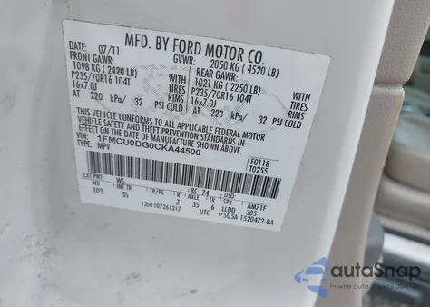 2012 Ford Escape Xlt from USA, damaged, VIN 1FMCU0DG0CKA44500